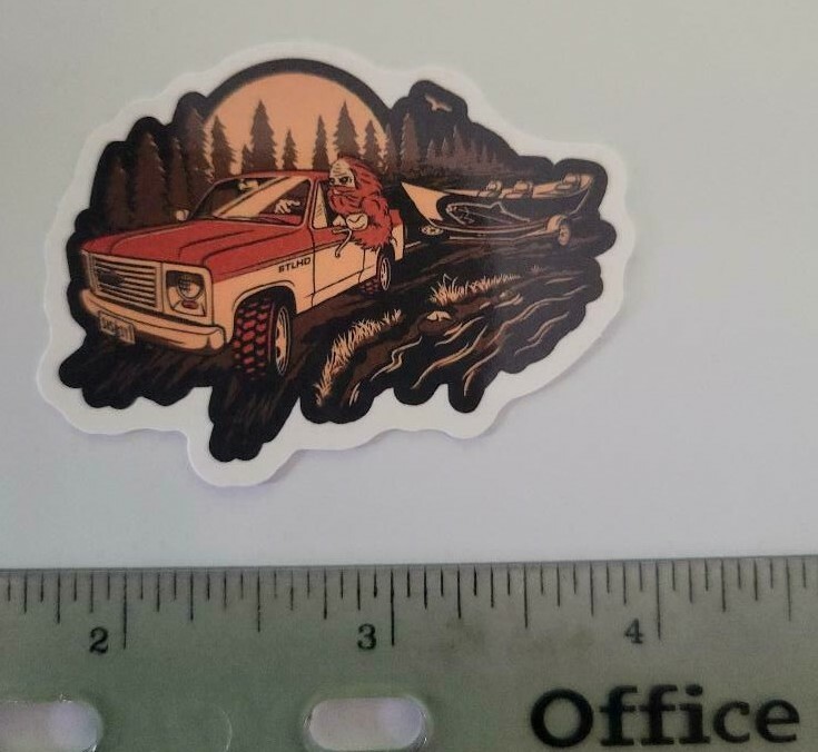 Bigfoot Driving SUV In Forest – Sticker Approx. 1 1/2" x 2 1/4" Glossy
