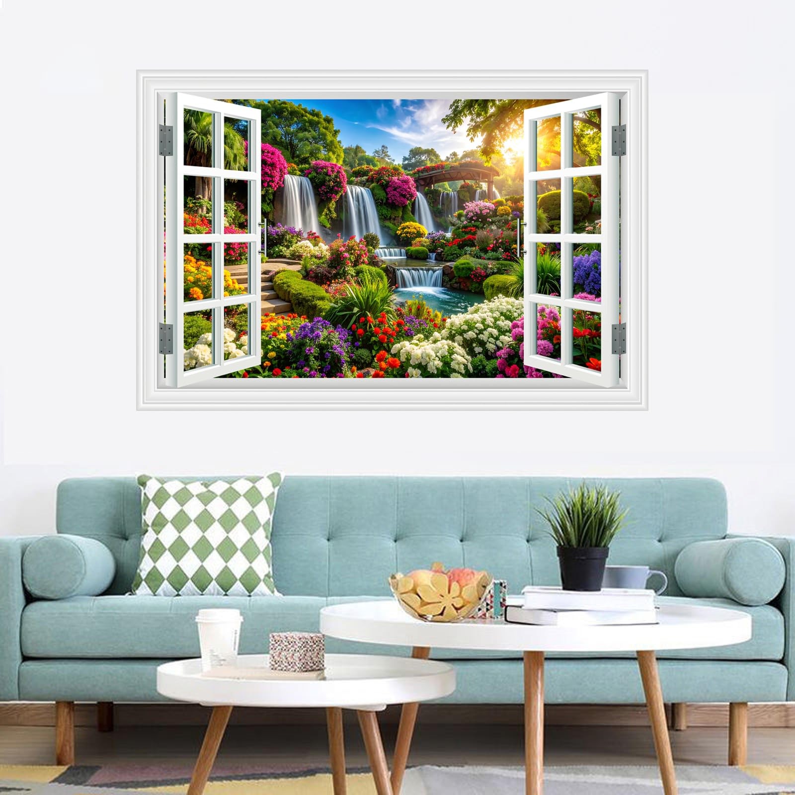 Fake Window Wall Sticker Decals- Morning Garden Flowers Waterfall Natural Sce…