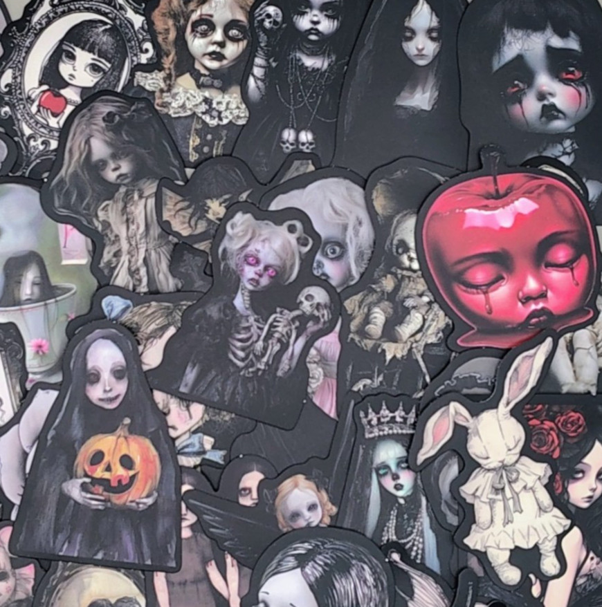50 Creepy Goth Doll Stickers Vinyl Lot Dark Horror Spooky Macabre Emo Decals