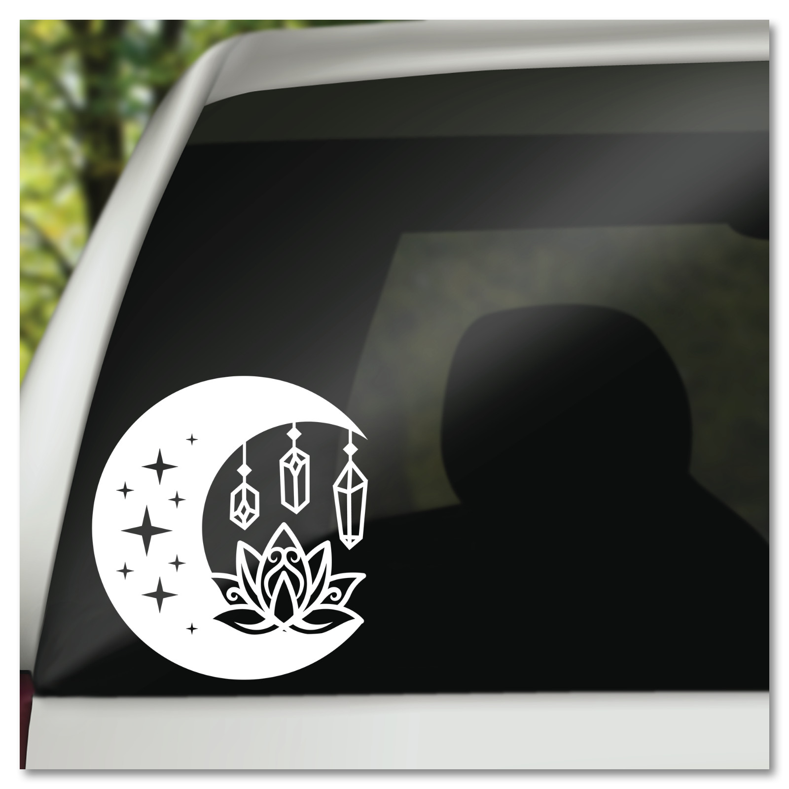 6" Crescent Moon w/ Lotus Flower & Crystals Boho Esoteric Vinyl Decal Sticker