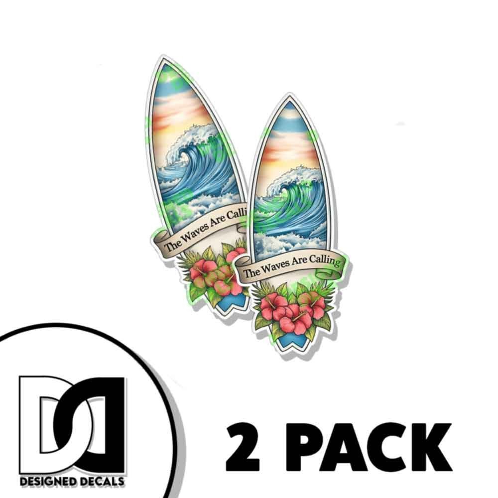 California The Waves Are Calling Tropical Surf Board Sticker Decal Sticker 2 PK