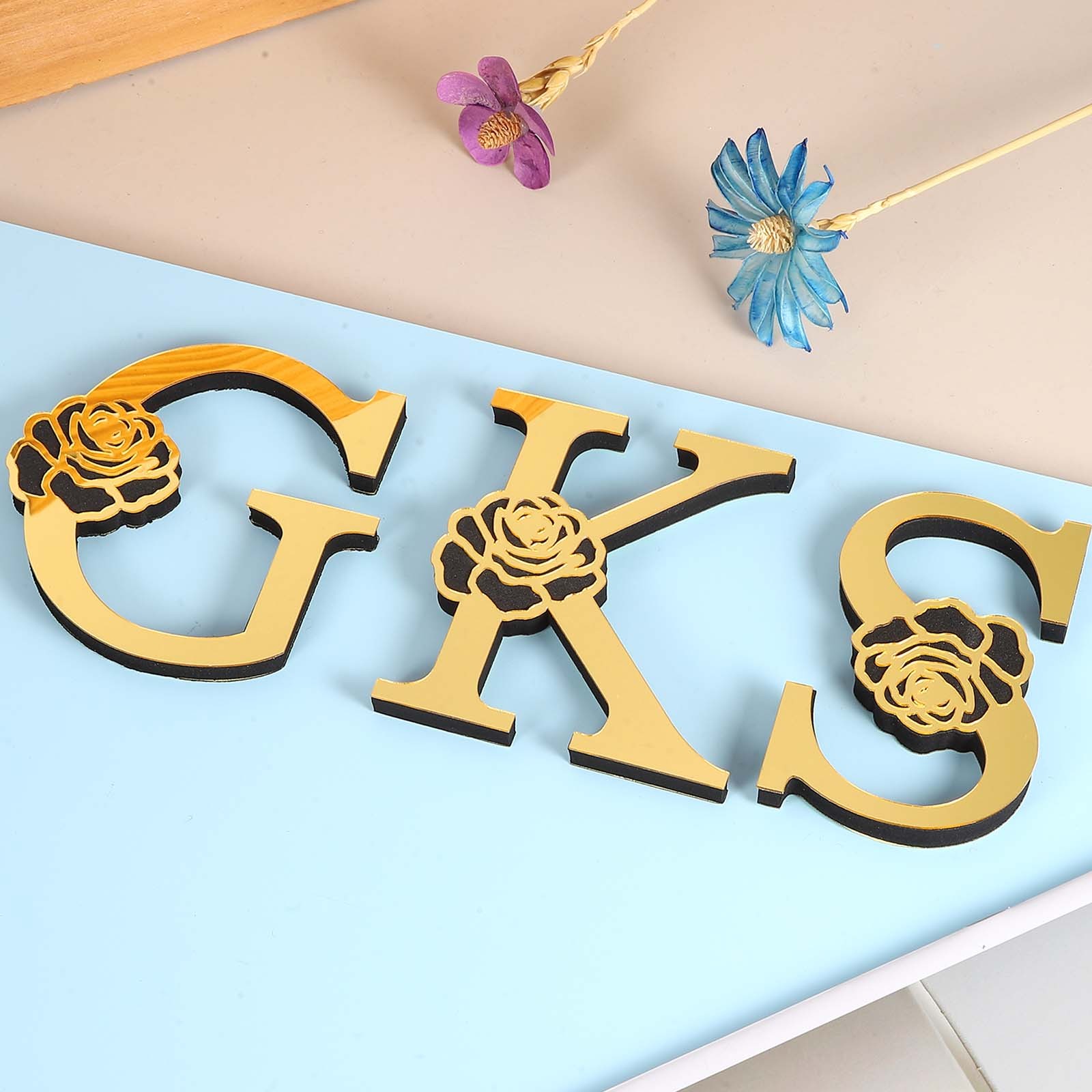 4 Inch 3D Floral Acrylic Alphabet Mirror Wall Stickers Letter W Light Gold