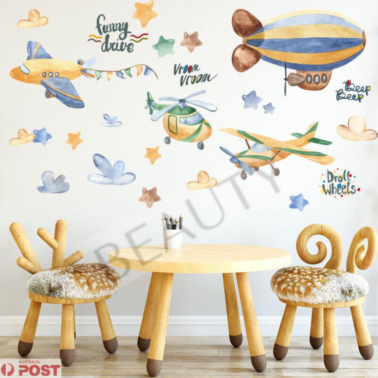 Boys Planes Stars Watercolour Removable Wall Sticker Nursery Decal Decor DIY Fun