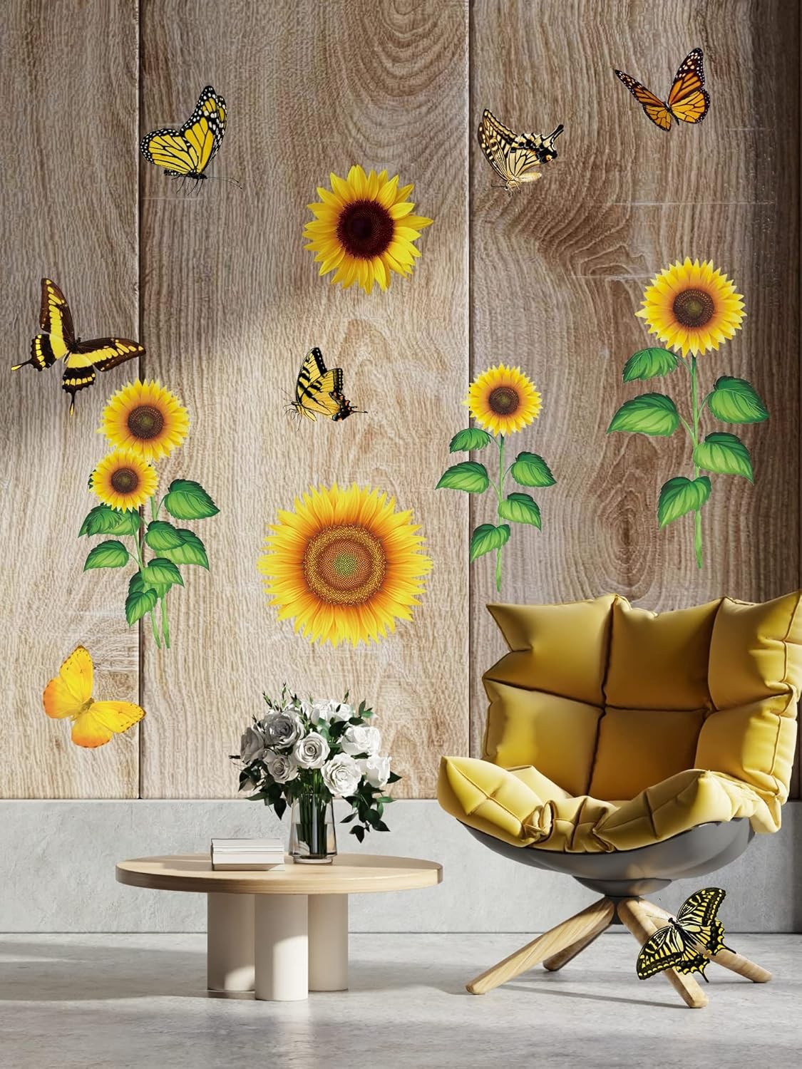53 Pcs Sunflower Daisy Wall Decals Butterfly Stickers, Waterproof Yellow