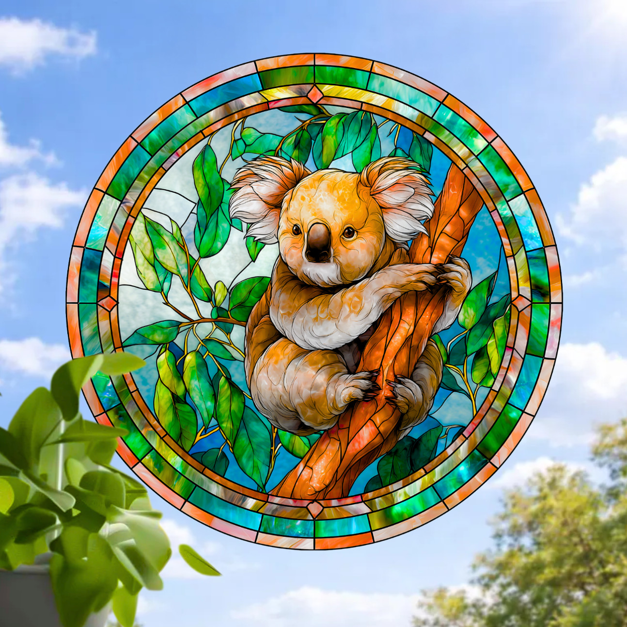 Koala Bear Faux Stained-Glass WINDOW CLING Size 8" Round Repositionable Vinyl