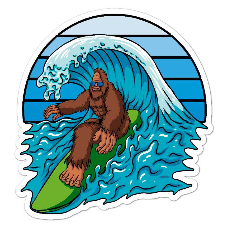 Bigfoot Surfing, Vinyl Decal Sticker, Indoor Outdoor, 3 Sizes, #7616