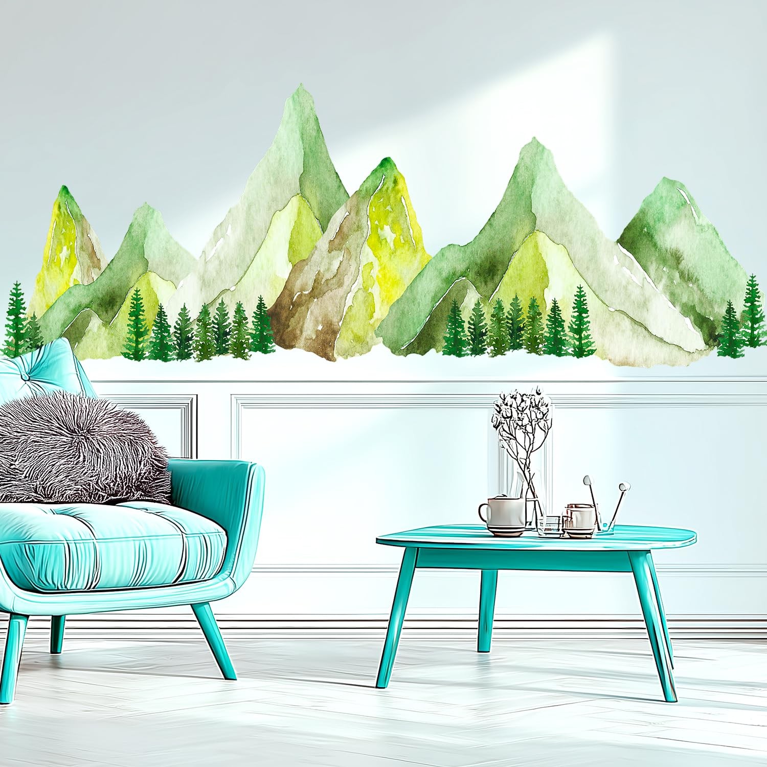 Mountain Wall Decal with Pine Trees – Scenic Forest Range Wall Stickers, Boho…