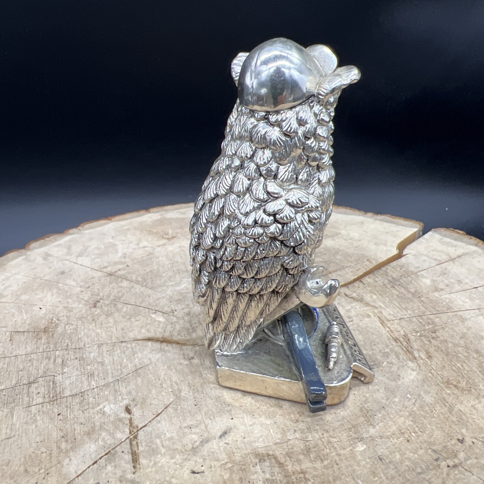 SILVER OWL ART DECOR with title MECHANIC 3.5in Tall Partially painted