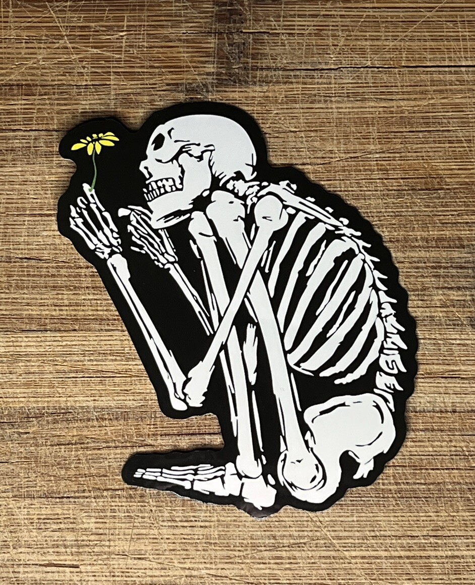 Crouching Skeleton Holding Flower Vinyl Sticker Gothic Art Decal for Laptops 4in