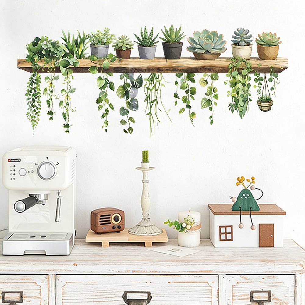 Fade Resistant Green Cartoon Plant Pot Wall Decal for Living Room Bedroom Decor