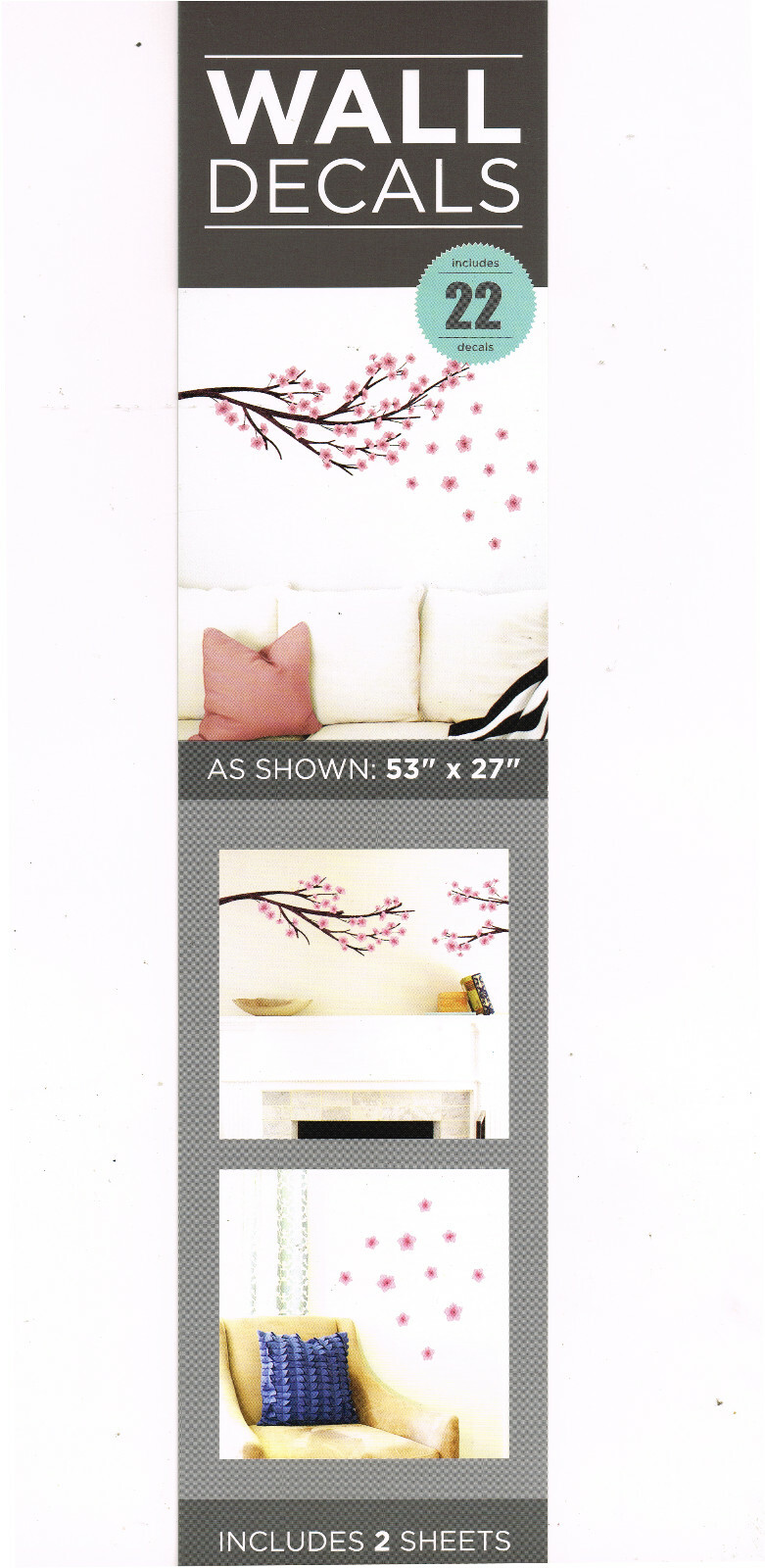 CHERRY BLOSSOM Pink Flower Wall Art Mural Decals Appliques Stickers 53" x 27"