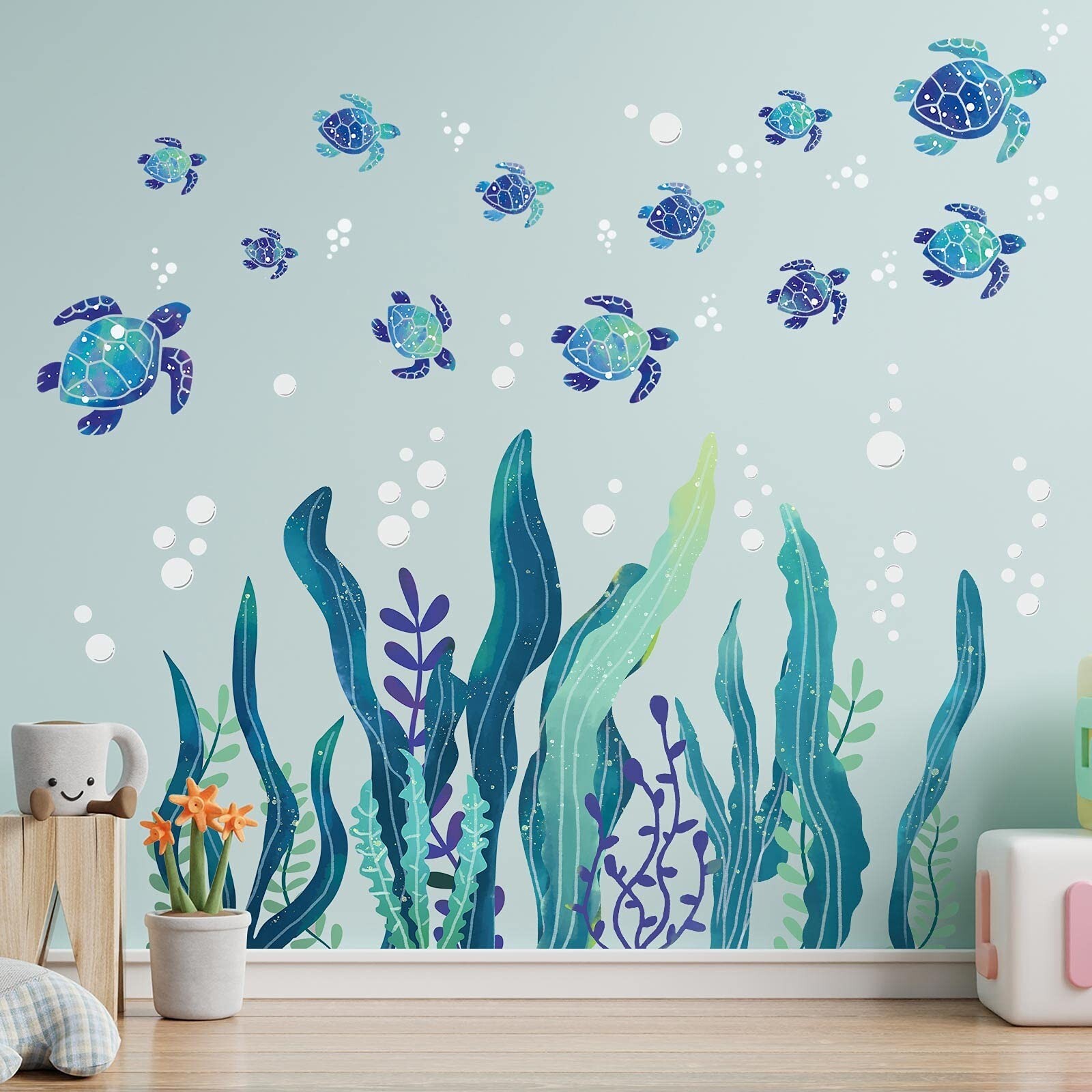 Sea Turtle Wall Decals 3D Ocean Grass Seaweed Stickers Under The Sea Wall Dec…