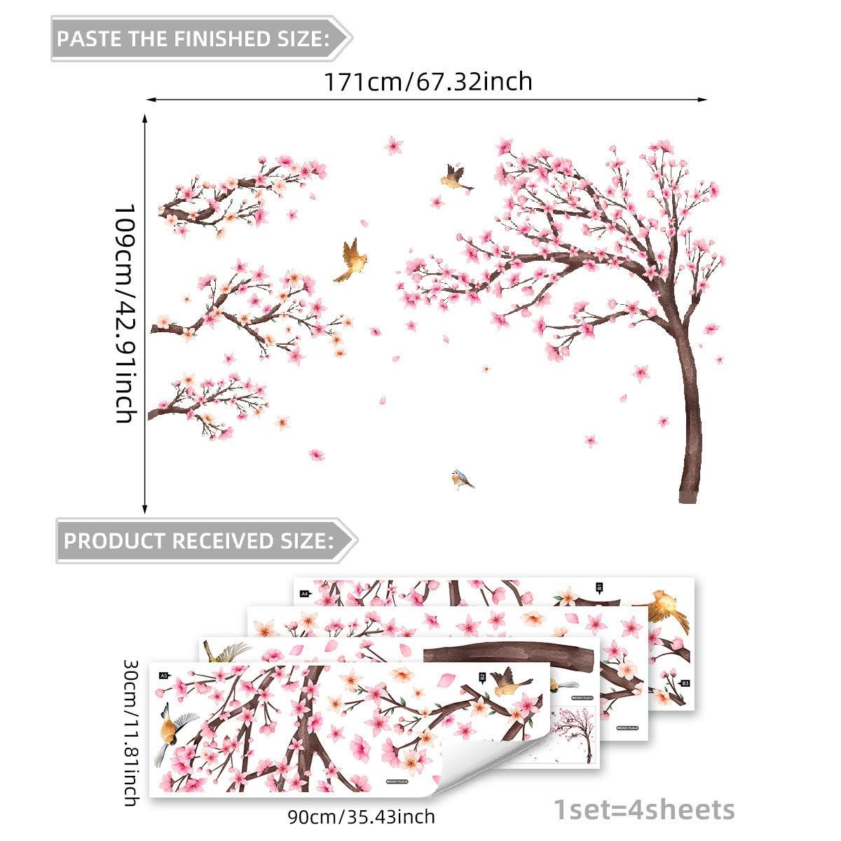 Large Cherry Blossom Tree Wall Stickers Pink Flower Tree Wall Decals for Girl…