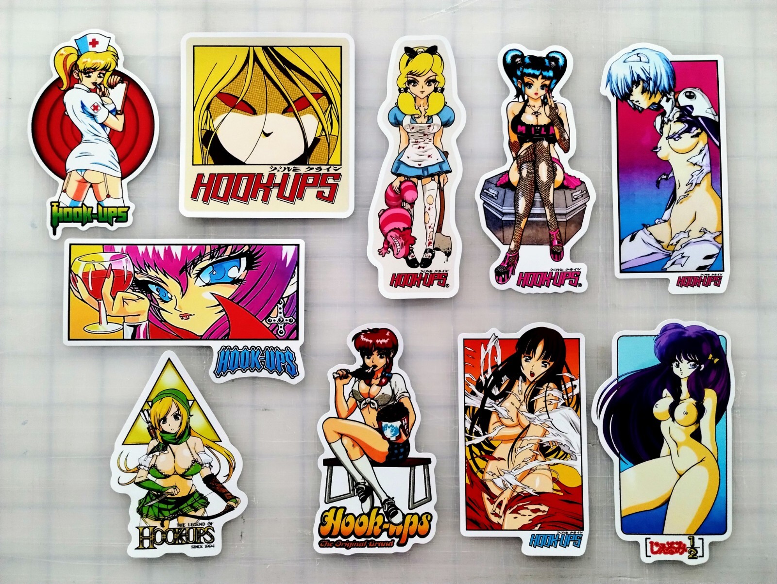 HOOK UPS Vinyl Sticker Lot REPRODUCTIONS (10 Stickers) SET 1 skate anime hentai
