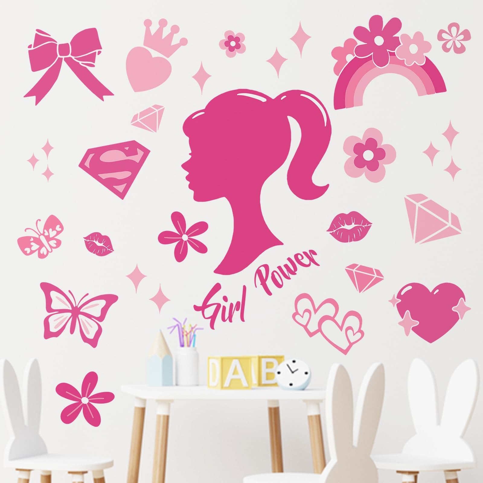 Pink Girl Power Wall Decals Stickers, Inspirational Rainbow Bow-Knot