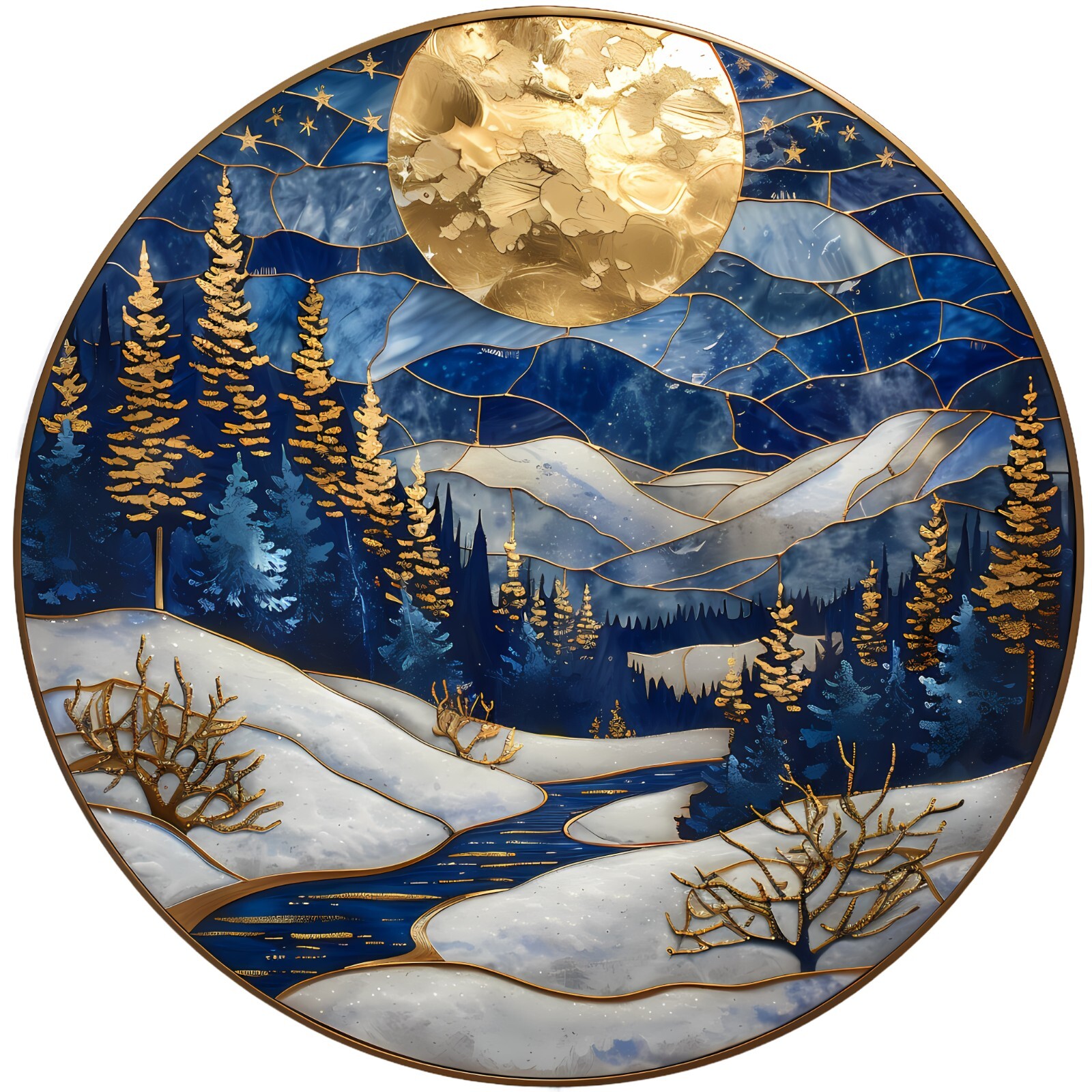 Winter Landscape & Full Moon Faux Stained Glass WINDOW CLING Size 8" Round Vinyl