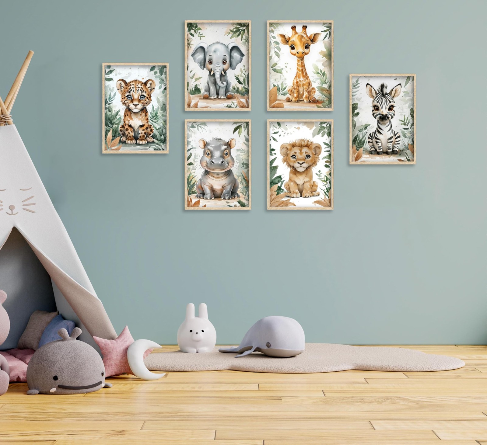 Baby Boy Safari Animal Wall Art Watercolor Theme Nursery Painting Picture Wal…
