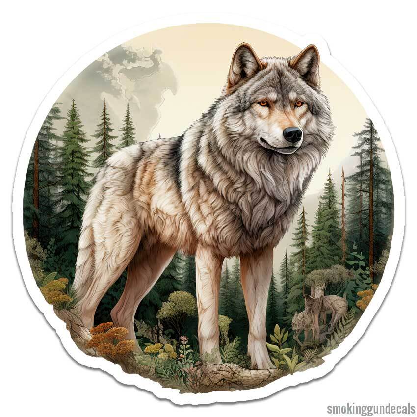 Grey Wolf Forest, Vinyl Decal Sticker, Indoor Outdoor, 3 Sizes, #12093