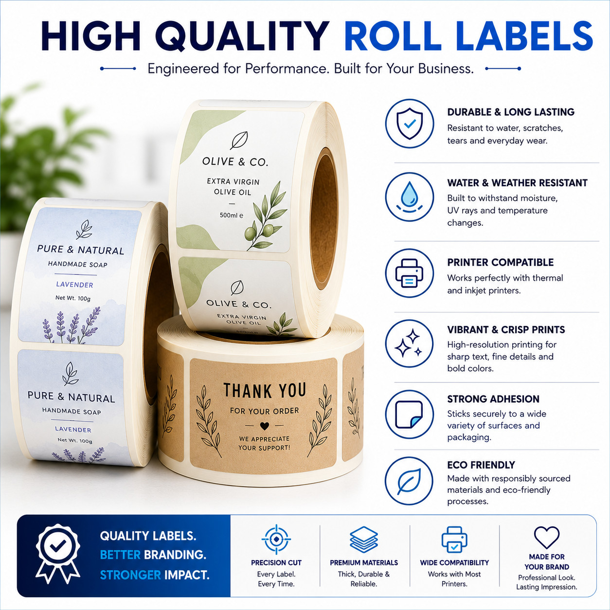 Roll Labels Rounded Square Custom Print, Product Packaging Stickers, 100 Pieces