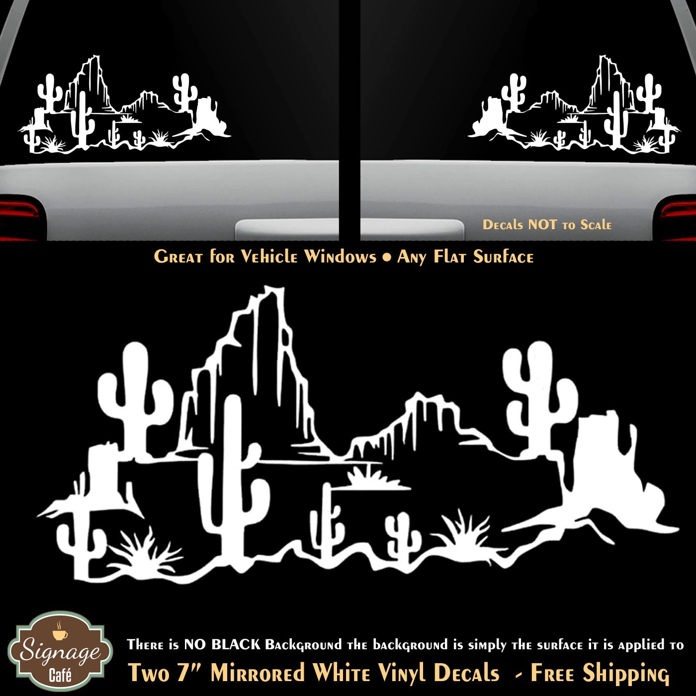 Southwestern Desert Cactus Scene Two 7" Mirrored White Vinyl Decals Car Window