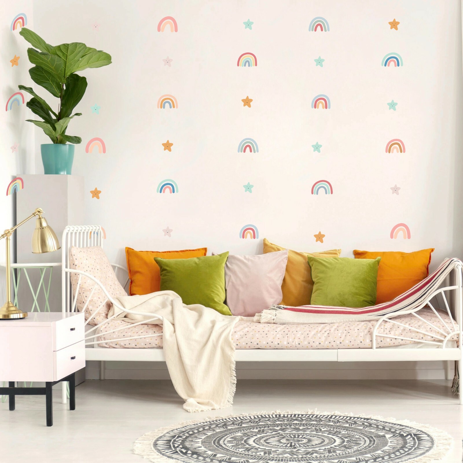 Rainbow Stars over Bed Removable Wall Fabric Decal Set Sticker Baby Gift Decor
