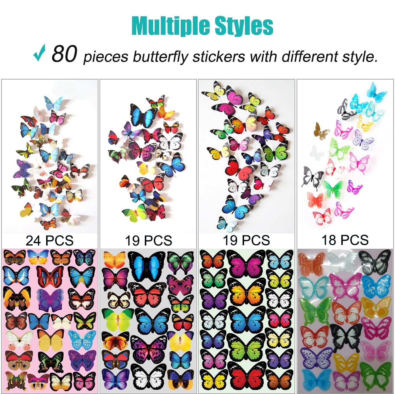 80 PCS Butterfly Wall Decor Waterproof Removable Reusable Wings Foldable PVC Pla