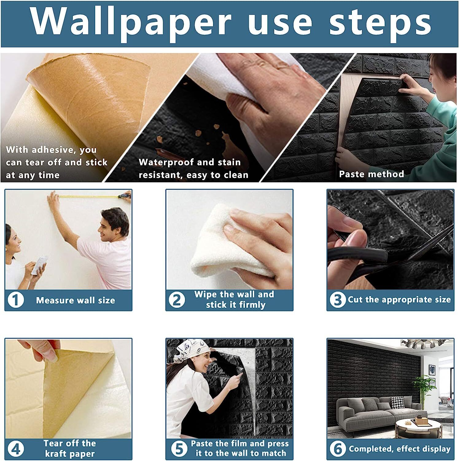 Black 3D Tile Brick Wall Sticker Self-adhesive Foam Panel Wallpaper 14.5 SQ FT