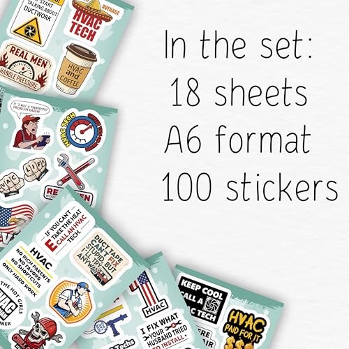 100 HVAC Stickers for Hard Hats, Water Bottles, Laptops & Toolboxes