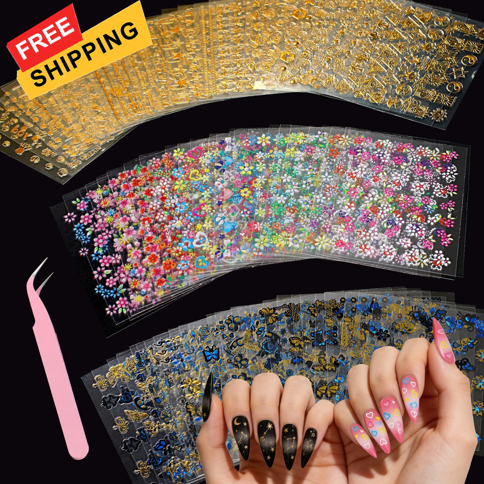 90 Sheets Nail Stickers for Art DIY, 3D Colorful