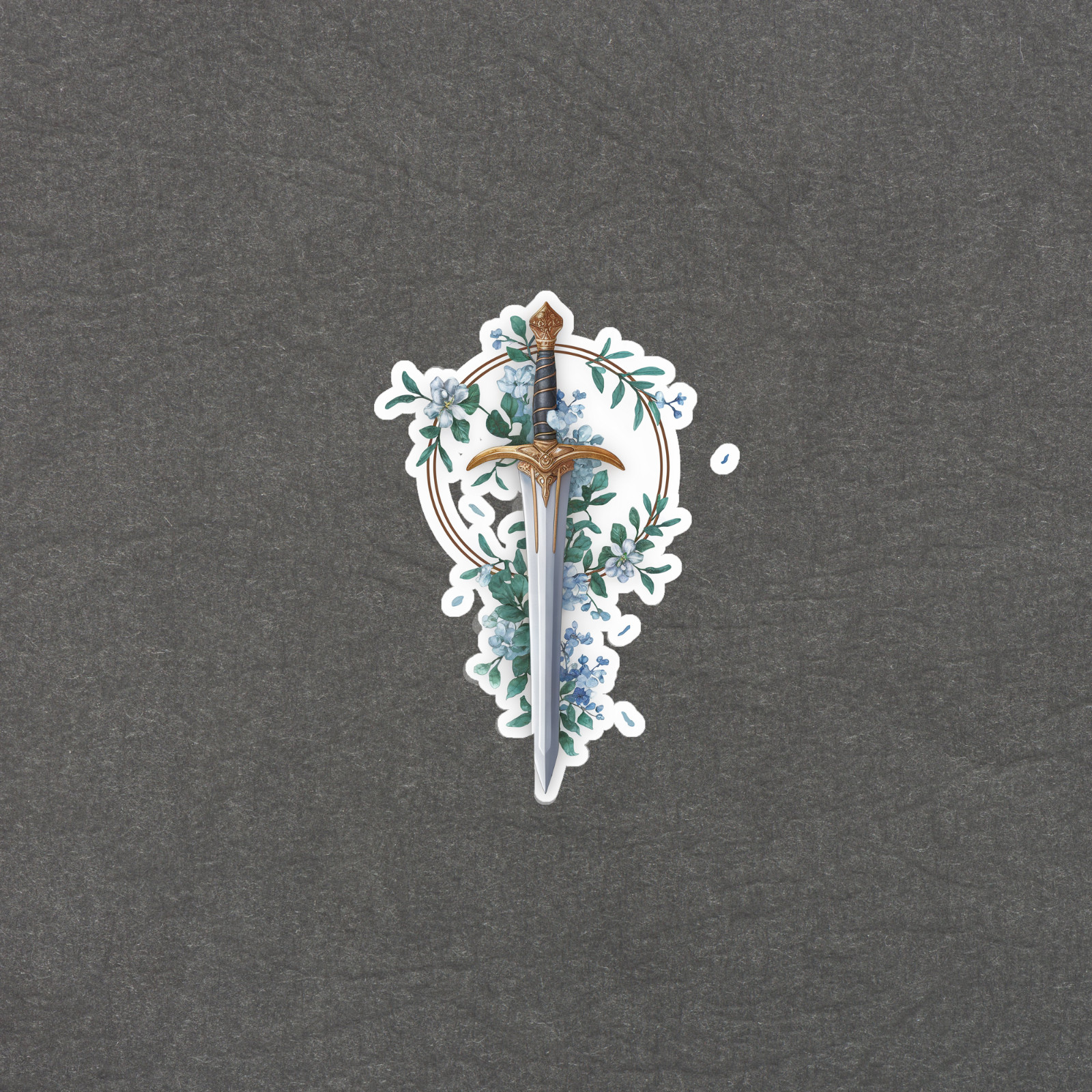 Medieval Fantasy Sword Wall Decor – Blue Floral Wreath, Bronze Hilt #3639