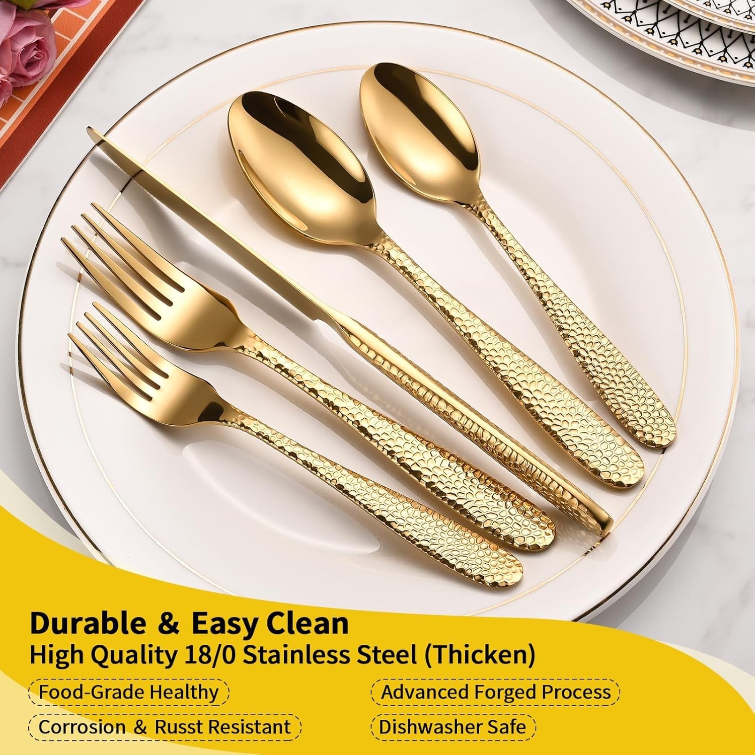 Gold Hammered Silverware Set, 20-Piece Heavy Duty Stainless Steel Flatware Sets