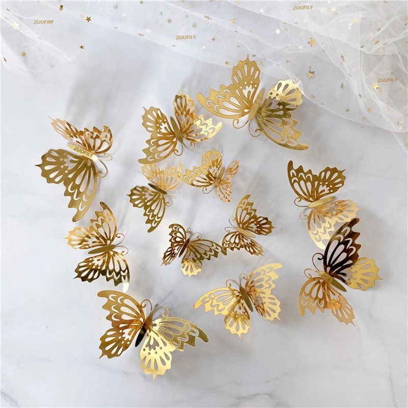 Living Room Home Decor 3D Butterfly Wall Decal Stickers 12Pcs/Set Gold Silver