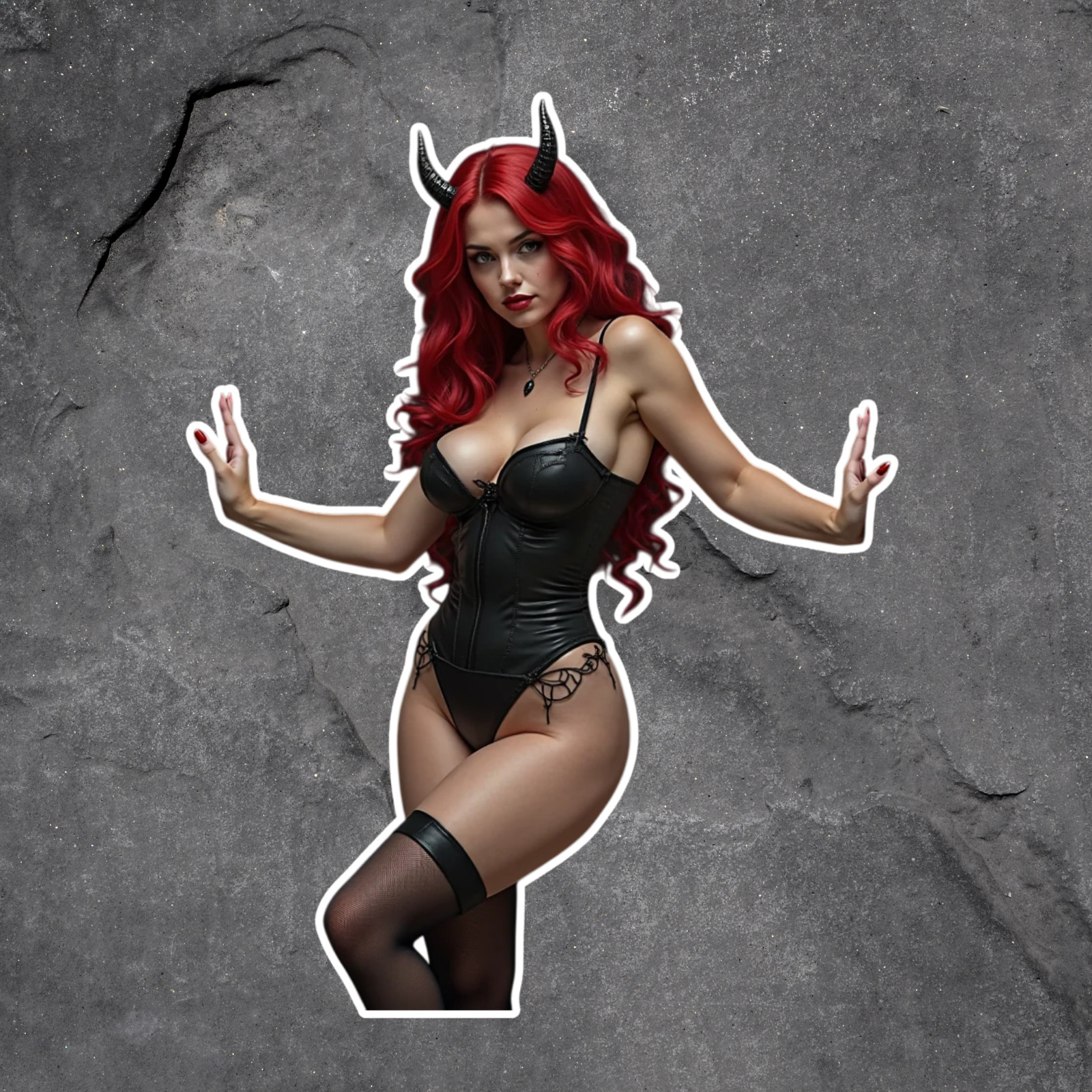 Pinup girl sticker vinyl decal devil girl with red hair horns and black corset