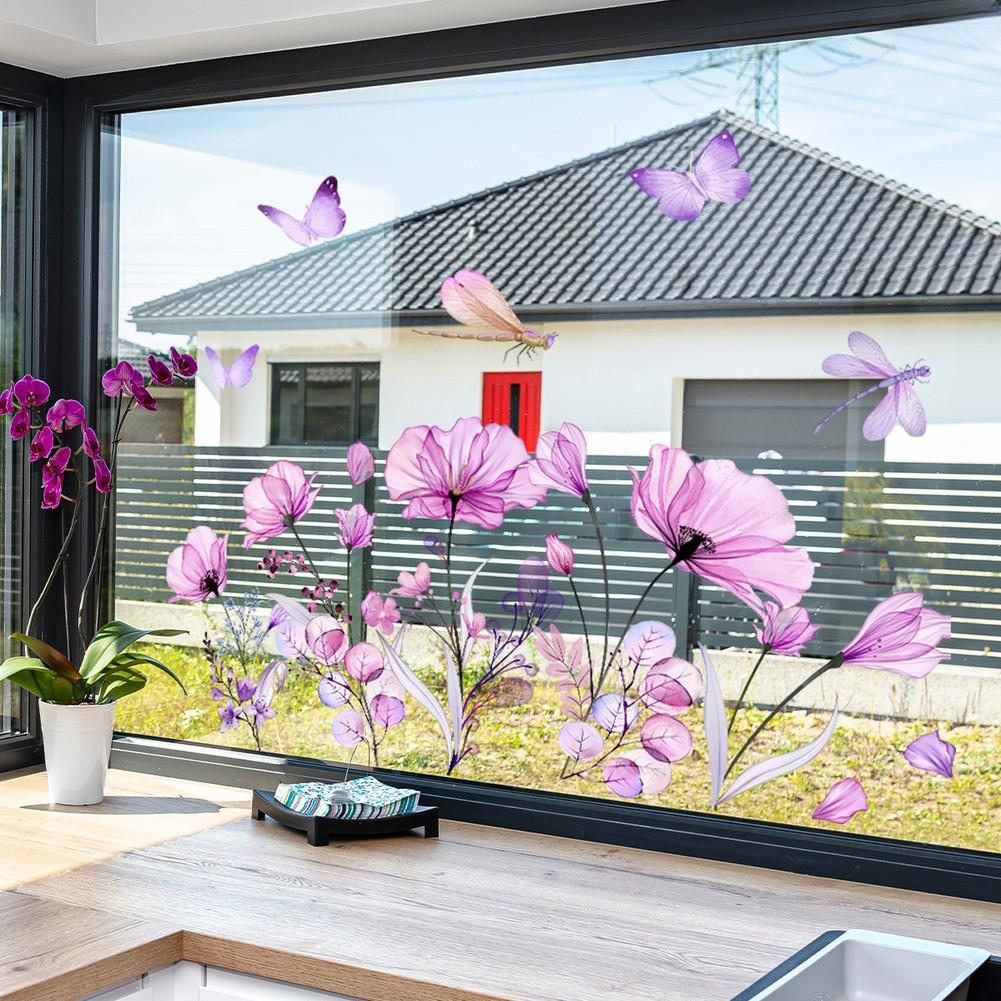 Purple Butterfly Flower Electrostatic Window Decal for Glass 11.81 x 23.62 in