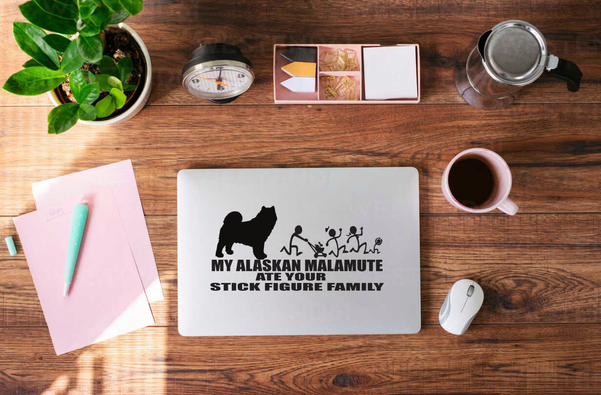 Quirky Vinyl Decal: Alaskan Malamute Ate Your Stick Figure Family #9004S