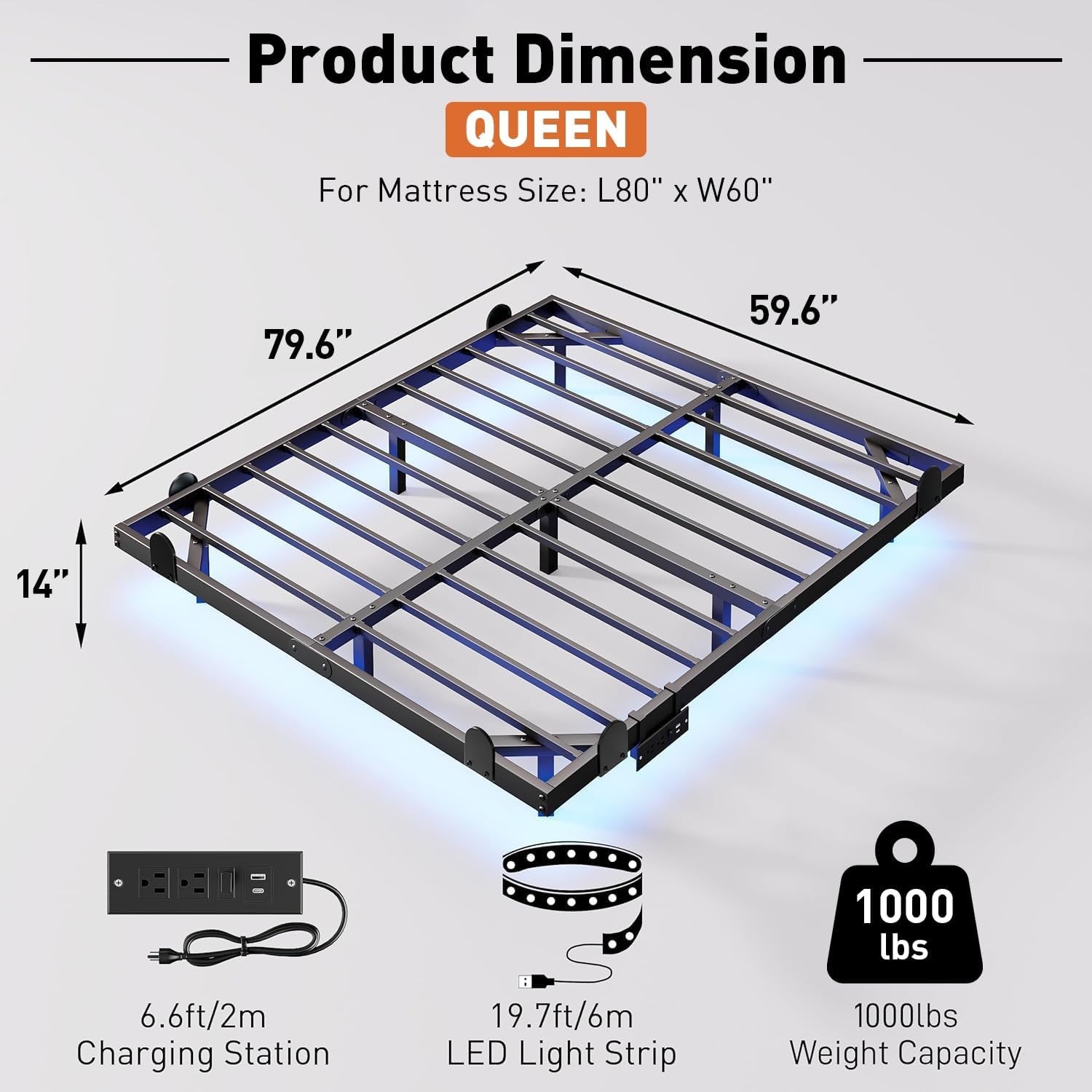 Floating Bed Frame Queen 14 Inch with LED Lights Charging Station Easy Assembly