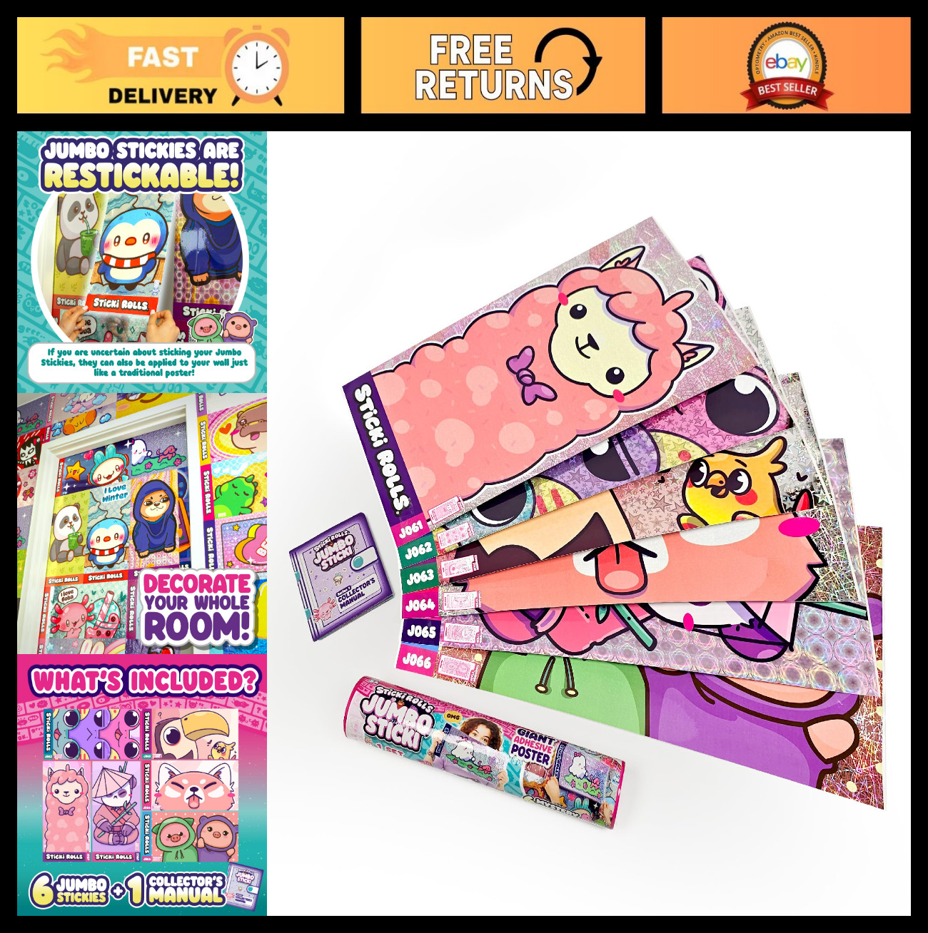 Jumbo Sticki Rolls 6-Pack – Capsule Collectible Wall Décor for Kids 5+