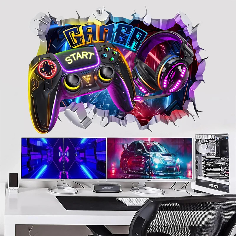 3D Broken Wall Gaming Controller Vinyl Sticker Kids Room Boy Bedroom Decor