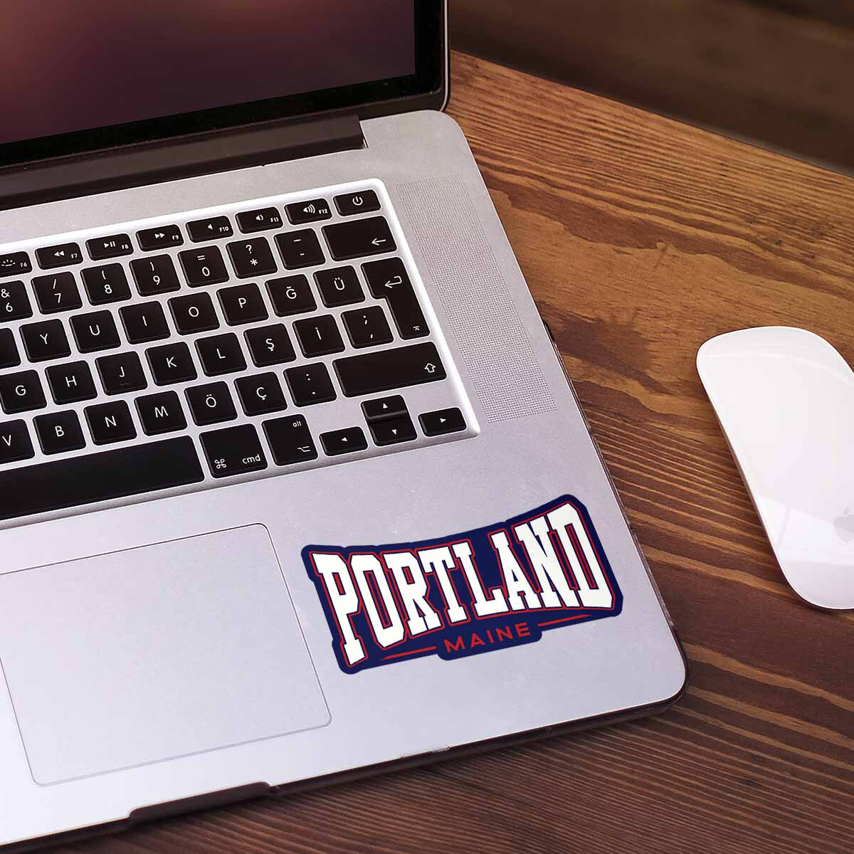 Portland Maine Double Arc Font US Flag Die Cut Sticker