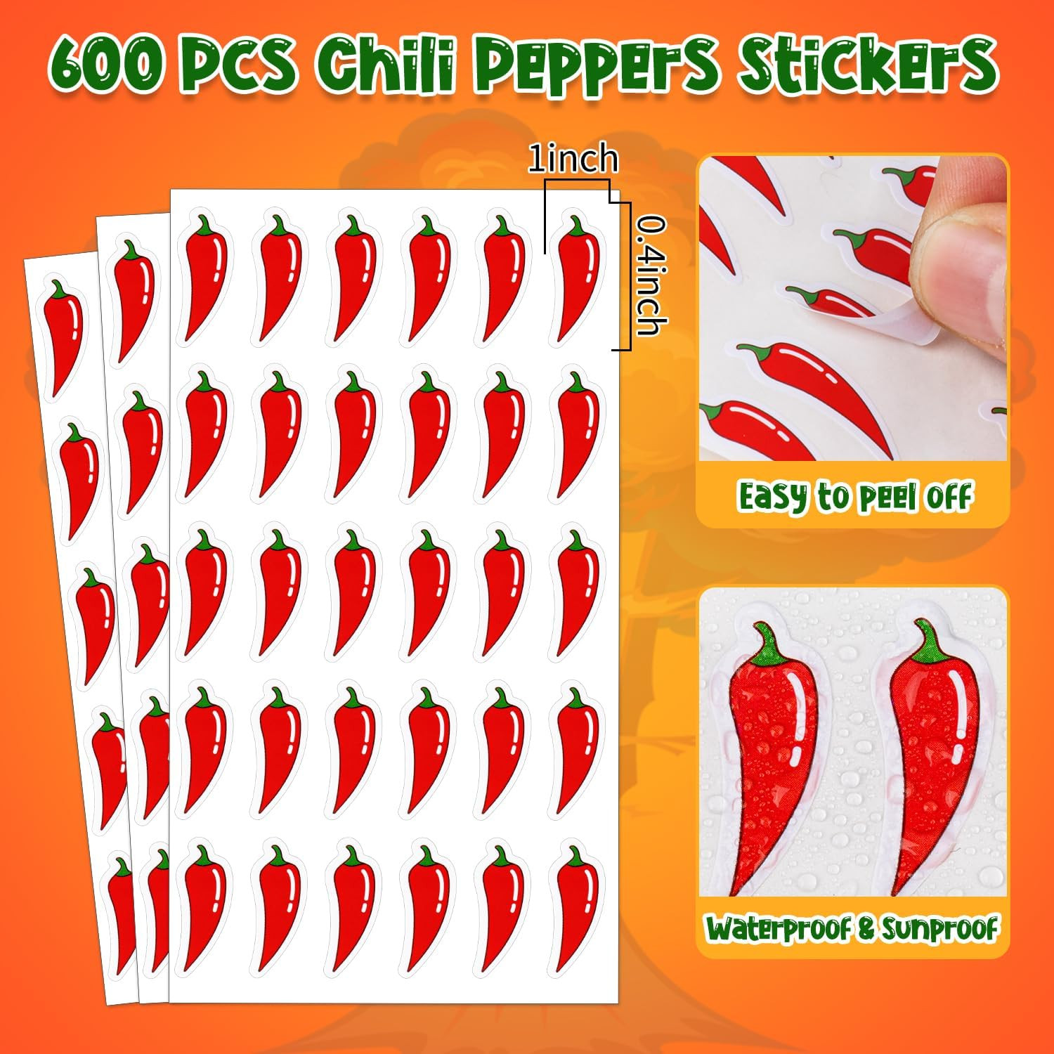 600Pcs Chili Stickers, Spicy Stickers for Kids Self Adhesive Peel and Stick, Red