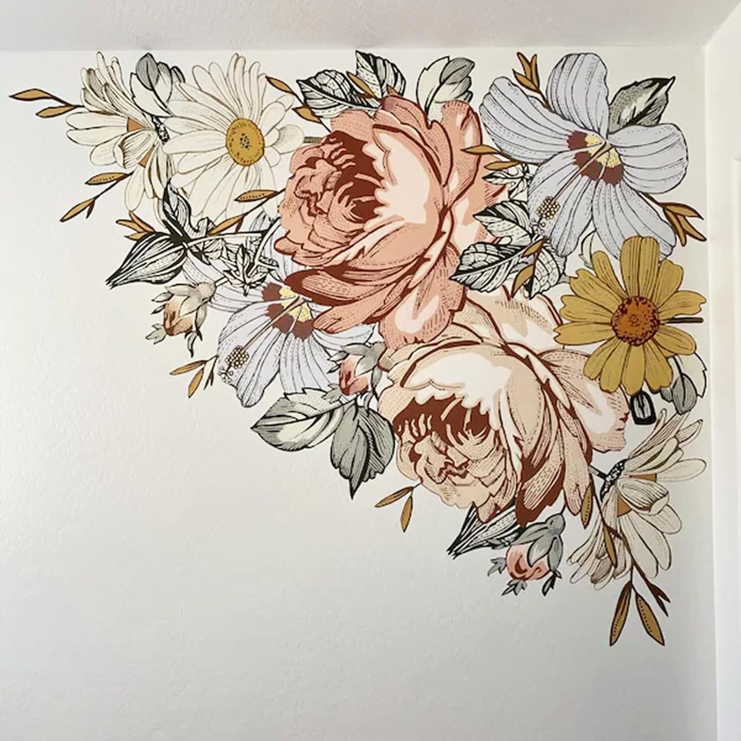Vintage Peony & Daisies Wall Sticker – Elegant Floral Decal for Indoor Charm