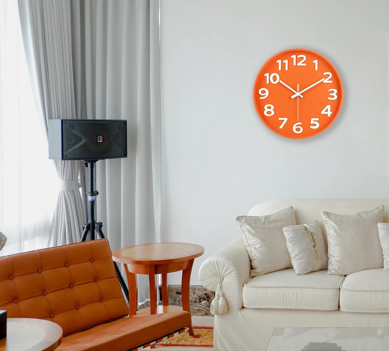 12-Inch Modern Wall Clock Minimalist Orange Design Silent Non-Ticking Large N…