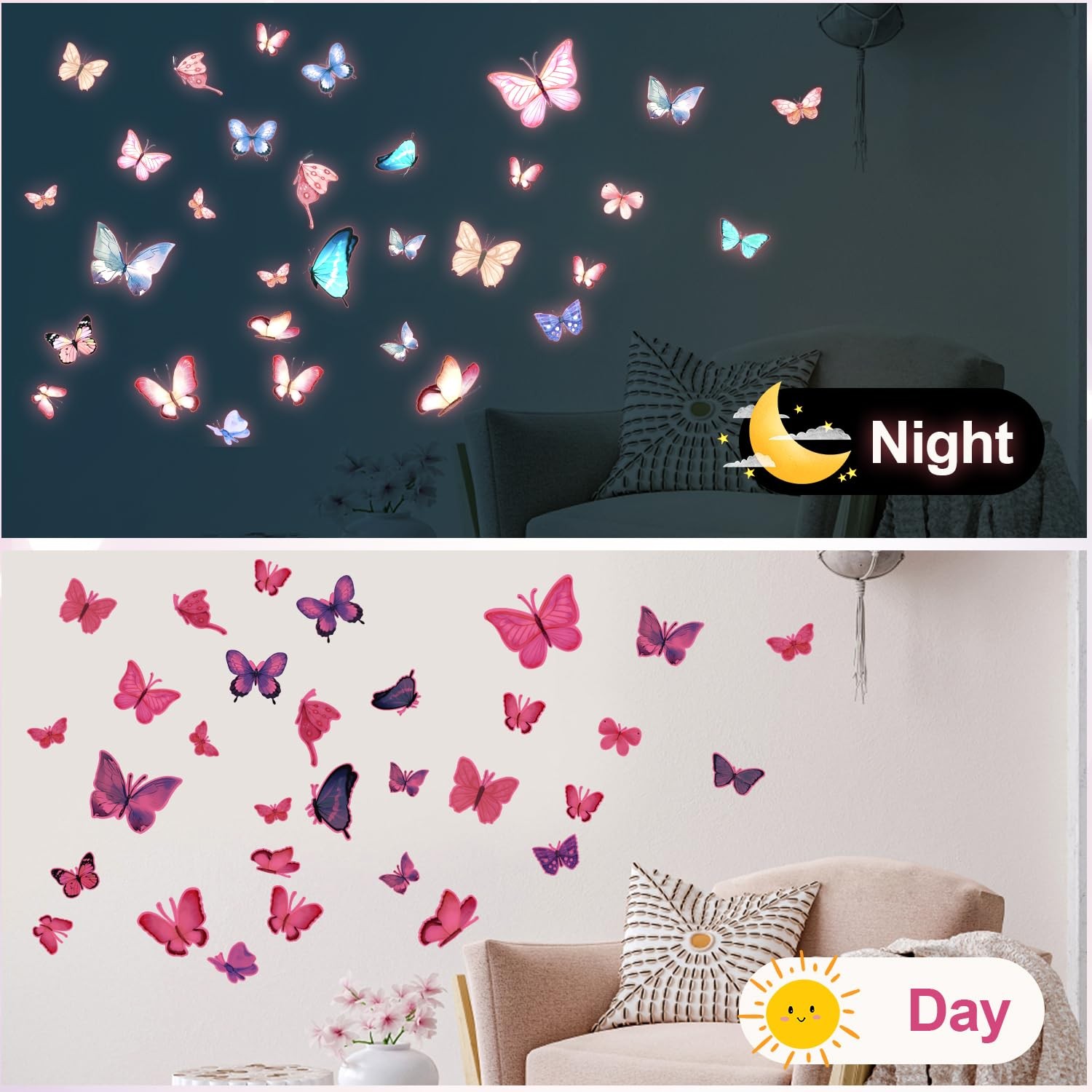 3 Sheets Glow in The Dark Butterfly Wall Decals, As Shown the Picture