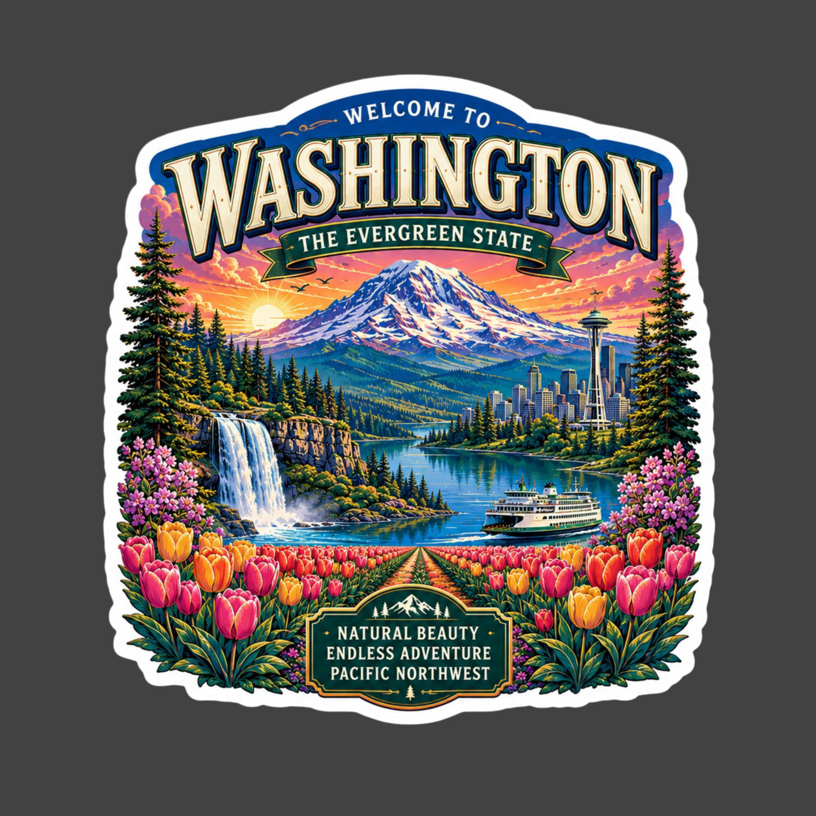 Washington Sticker Vinyl Decal Mount Rainier Seattle Tulips Travel Souvenir