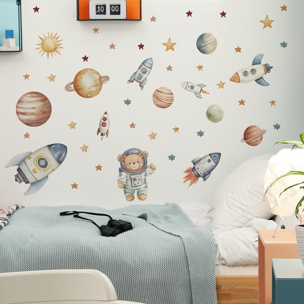 Cartoon Bear Astronaut Rocket Wall Decal – Removable Kids Room Nursery Decor