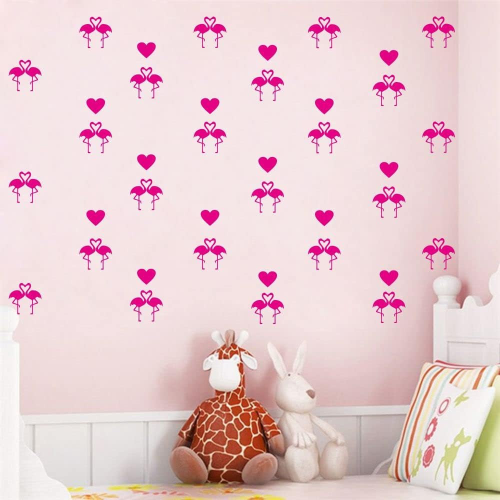 Flamingo Wall Stickers Set – 24 Removable PVC Decals with Silhouette and Hearts