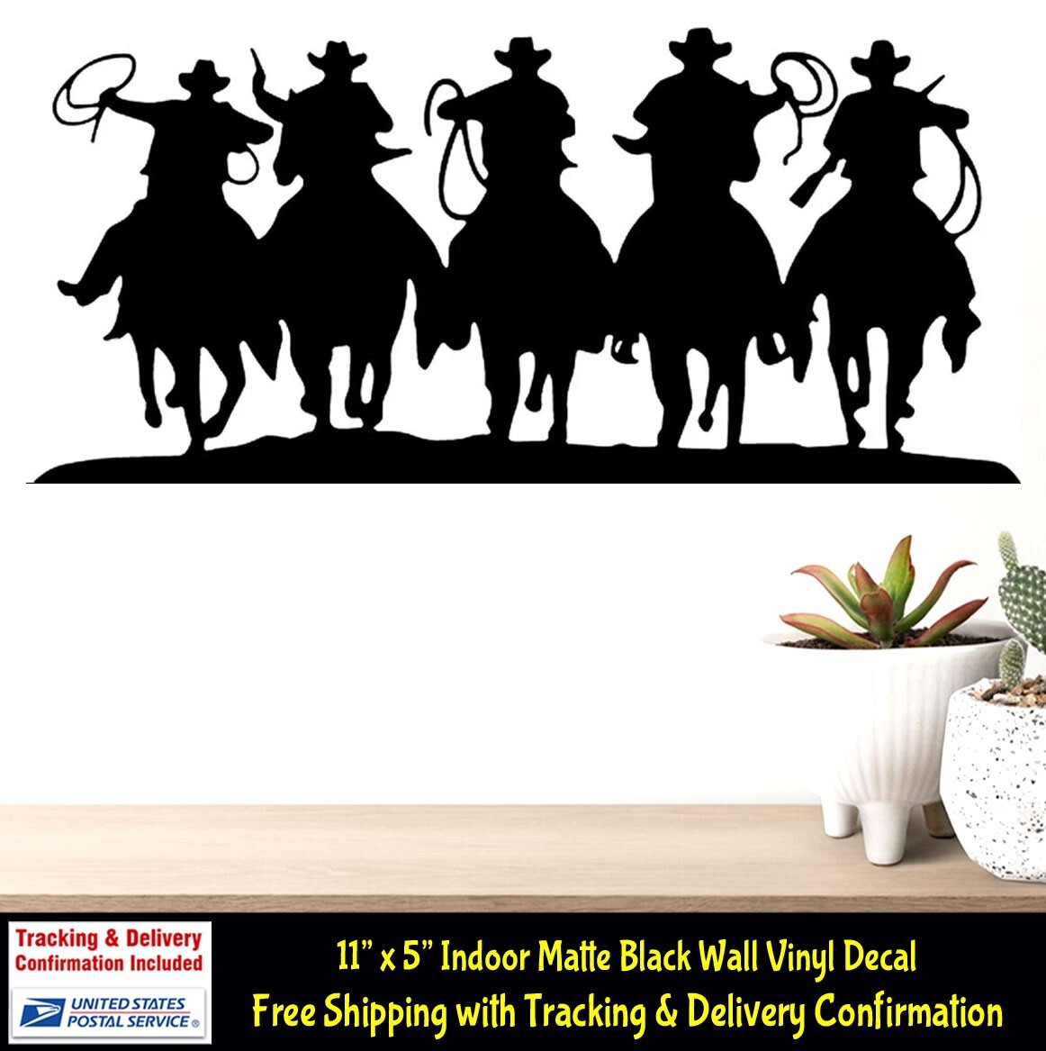 The Cowboy Gang 11" x 5" Indoor Matte Black Vinyl Wall Decal Door Wall Mirrors