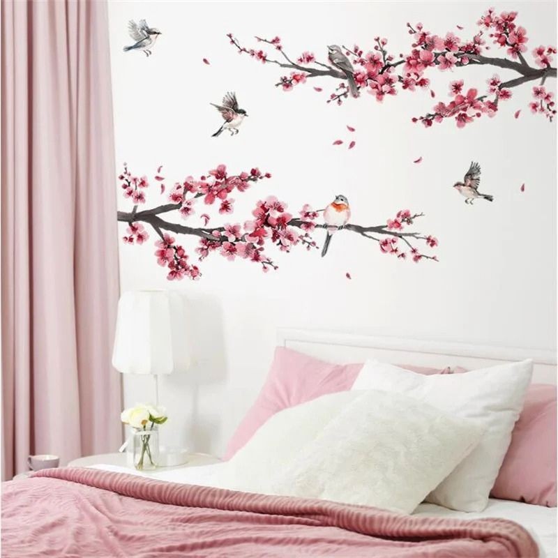 Watercolor Tree Branch Blossom Bird Wall Sticker Bedroom Living Room Background