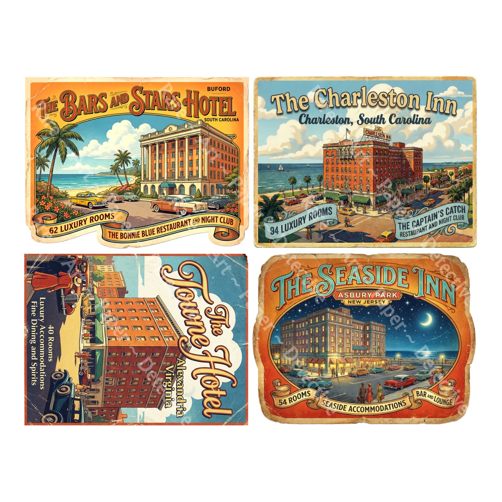 Vintage Hotel Luggage Stickers, 4 Retro Labels on 1 Cut & Peel Sheet, 1431