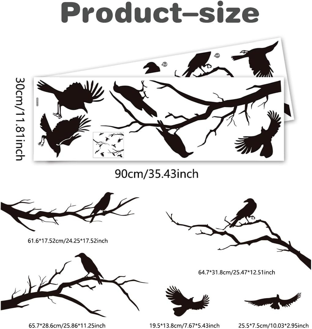 Raven Peel and Stick Wall Stickers – Black Crows, Winter Branches, Halloween Tre